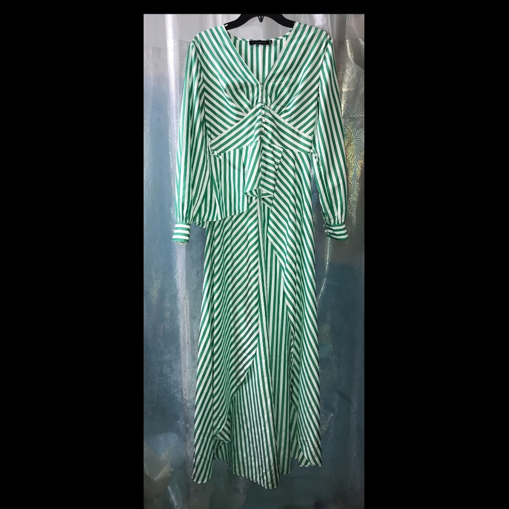 Alpha & Omega Retro V-Neck Striped Button Up Long Sleeve Peplum Tunic- Sz-S
